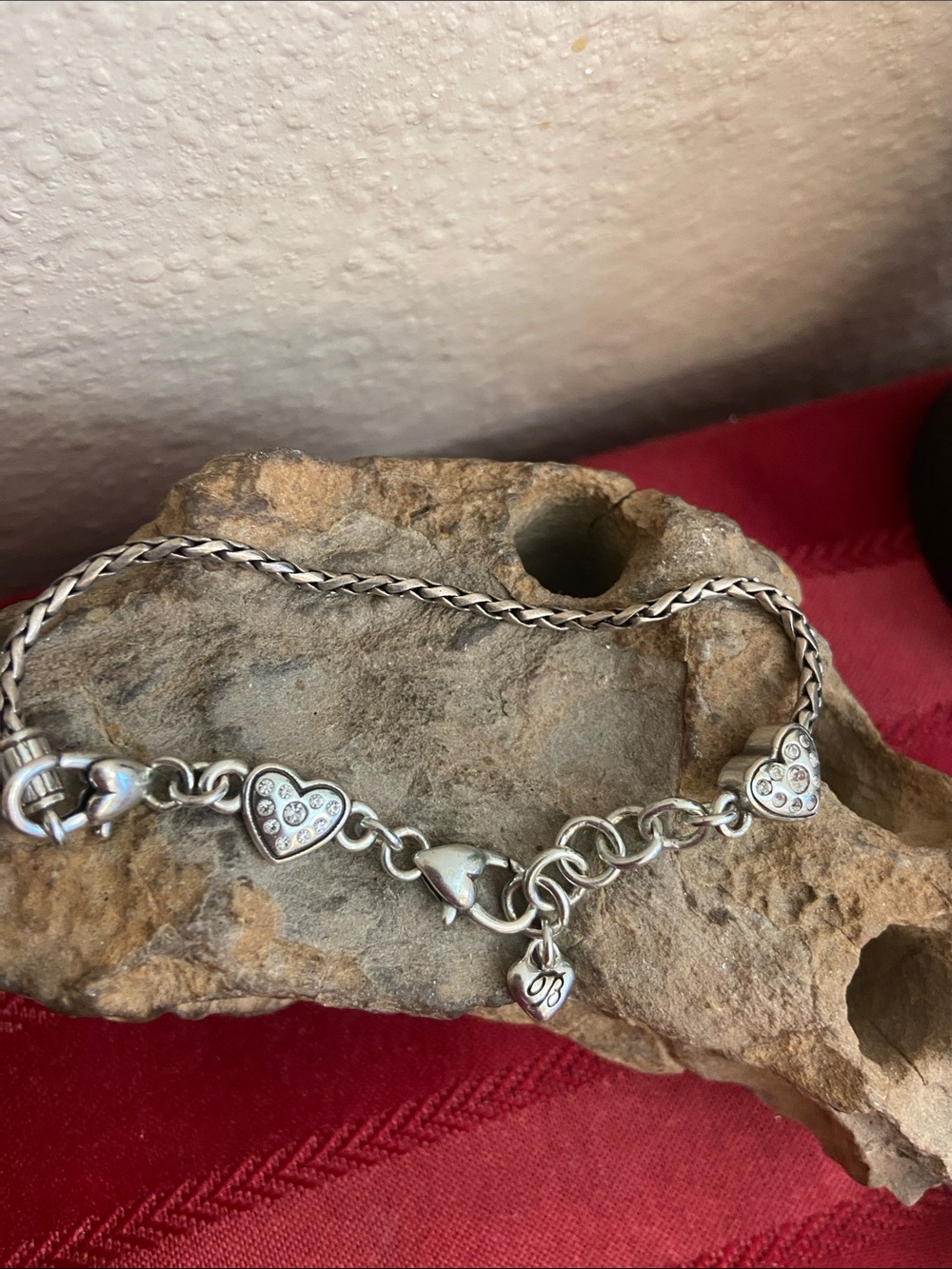 Vintage Brighton Heart Slide Bracelet Braided Wheat Chain Crystal Heart Charms